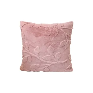 Pink plush throw pillow cover with leaf jacquard pattern for cozy modern sofa living room decor