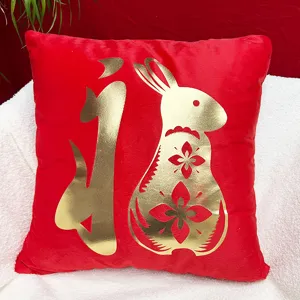Red plush throw pillow cover with gold foil rabbit and Fu character for Chinese New Year decor.