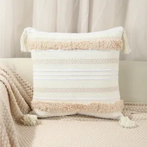 Bohemian tufted throw pillow with tassels, cream and beige decorative cushion for sofa bed.