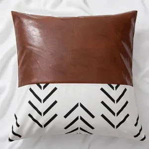 Leather patchwork throw pillow cover geometric chevron design home sofa cushion cover case
