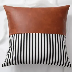 Leather patchwork throw pillow cover, black white stripes cushion case for home sofa living room