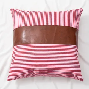American style leather patchwork striped throw pillow cover for living room sofa bed.