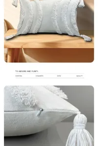 White tufted tassel lumbar pillow detail shot showcasing soft fabric texture and fine zipper.