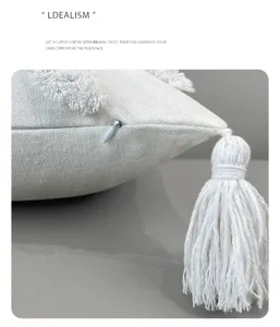 Close-up of white tufted tassel throw pillow detail, showing fine fabric and zipper.