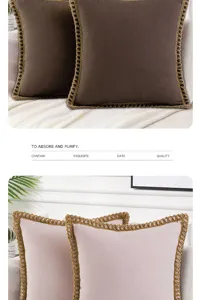 Solid color decorative throw pillow case with braided rope hem for living room sofa home.
