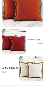Solid color decorative throw pillow case with hemp rope edge minimalist cushion cover for sofa