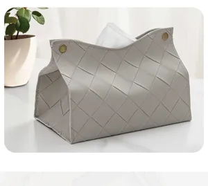 Modern minimalist grey woven leather tissue box for living room desktop and office use.