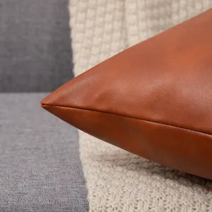Leather pillow corner detail shot, showing fine stitching and soft texture for home decor.
