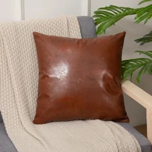 Brown leather throw pillow cover for living room sofa, decorative square cushion case.