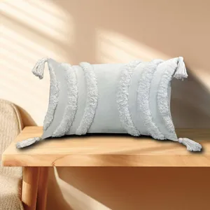 White tufted lumbar pillow with tassels for home sofa bedroom decorative backrest cushion.