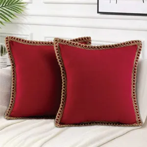 Solid red throw pillow cover with natural jute braided edge, minimalist home sofa cushion.