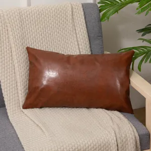 Brown leather throw pillow cover for sofa and office chair, elegant rectangular cushion case.