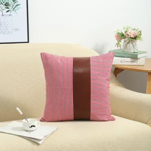 American style decorative throw pillow cover with red white stripes and brown leather stripe.
