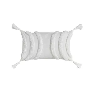 White tufted lumbar pillow with tassels decorative throw pillow for couch sofa bed bedroom