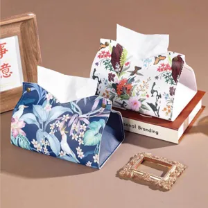 Leder Taschentuchbox Halter Dekorativer Gesichts-Taschentuchspender Blumendruck Rechteckige Serviettenbox Für Zuhause Wohnzimmer