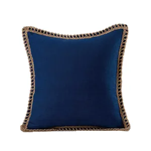 Solid color blue cushion cover with minimalist jute rope trim for sofa and car decor.
