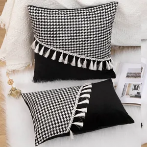 Black and white houndstooth decorative throw pillow cover with elegant tassel lace trim for sofa.