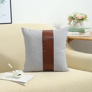 American style striped throw pillow with brown leather patch, comfortable sofa cushion cover.