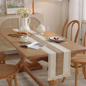 Camino de mesa nórdico minimalista de algodón lino con borlas beige y marrón a rayas