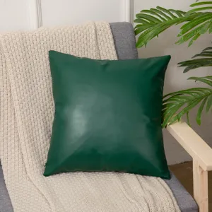 Dark green faux leather throw pillowcase, modern square cushion cover for sofa and office.