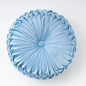 Cuscino rotondo in velluto azzurro chiaro cuscino decorativo plissettato per divano letto