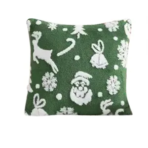 Christmas green plush pillow cover, festive Santa and elk jacquard cushion cover for sofa decor
