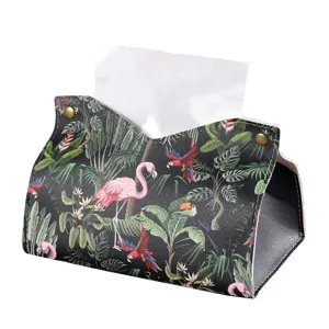Stilvoller Leder-Taschentuchbox-Bezug mit tropischem Flamingo- und Papageienmuster.
