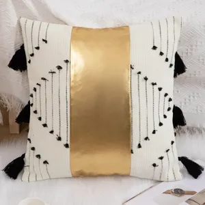 Leather patchwork throw pillow cover bohemian tufted cushion for sofa living room bedroom