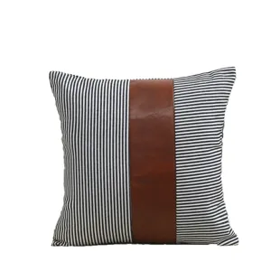 American style leather spliced striped throw pillow cover for sofa, bedroom and living room