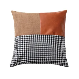 Decorative throw pillow cover with leather patchwork and houndstooth pattern for sofa home decor
