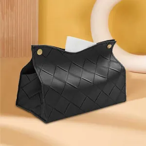 Modern minimalist woven leather tissue box, stylish desktop tissue holder for home and office.