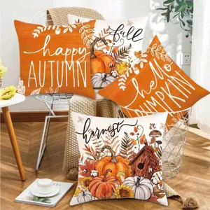 Autumn pumpkin maple leaf throw pillow set, decorative letter print cushion for sofa home decor.
