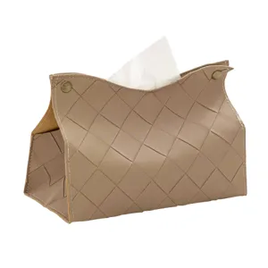 Modern minimalist woven leather tissue box, elegant khaki desktop facial tissue container.