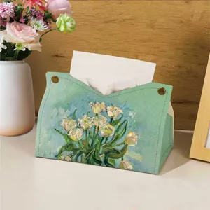Vintage olieverf leer tissuebox, retro bloemvormige desktop tissuehouder voor thuisdecor.