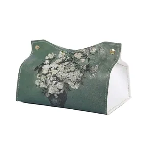 Vintage olieverf leer tissuebox houder voor woonkamer huisdecoratie met drukknoppen