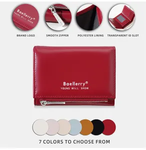 Compact women's trifold wallet with zipper pocket, card slots and transparent ID window.
