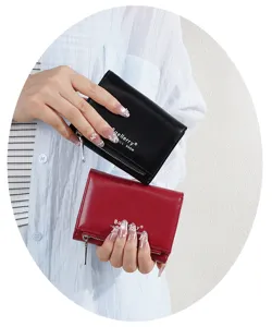 Short three-fold women's wallet with zipper coin pocket and multiple card slots in sleek portable design.