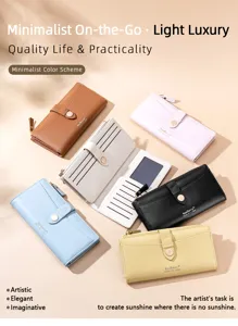Portefeuille long minimaliste pour femme avec fentes pour cartes et poche zippée.