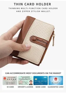 Compact colorblock wallet with multi-card slots, zipper coin pocket and secure snap closure.