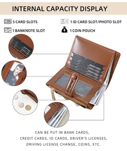 Women short PU leather wallet with multiple card slots zipper coin pocket brown card holder