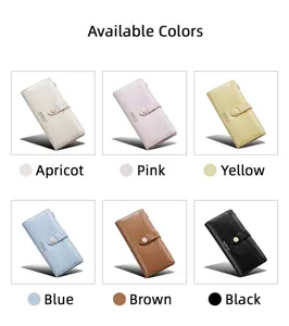 Portefeuille long femme élégant multi-cartes zippé porte-monnaie en abricot rose jaune bleu noir