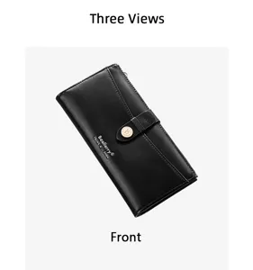Vue détaillée du portefeuille long noir pour femme avec fentes pour cartes et poche zippée.