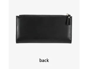 Portefeuille long femme noir vue de détail, design minimaliste zippé porte-cartes.