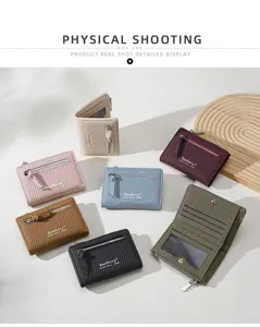 Multi-color women's short wallet with zipper pocket and card slots, stylish and compact design.