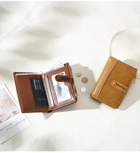Women short PU leather wallet card holder retro coin purse snap closure compact zipper design