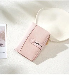 Women short pink wallet color block card holder zipper coin purse stylish detail view