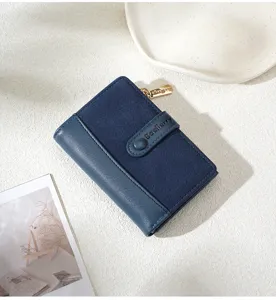 Women Short Wallet Color Block PU Leather Zipper Coin Purse Multi-Card Slot Holder