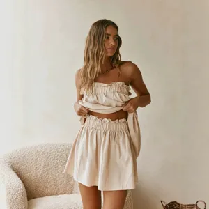 Women Summer French Resort Style Strapless Top And Mini Skirt Casual Set Cotton Linen Pleated Two Piece Outfit