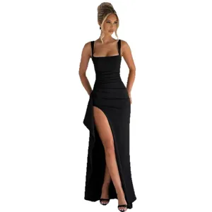Stunning black maxi evening dress featuring a square neckline, sleeveless straps, and high slit.