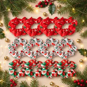 Christmas satin hair scrunchies set festive red white green elastic hair ties ponytail holder